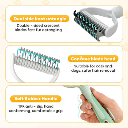 Ergonomic non slip handle of the professional pet deshedding rake close up view.
