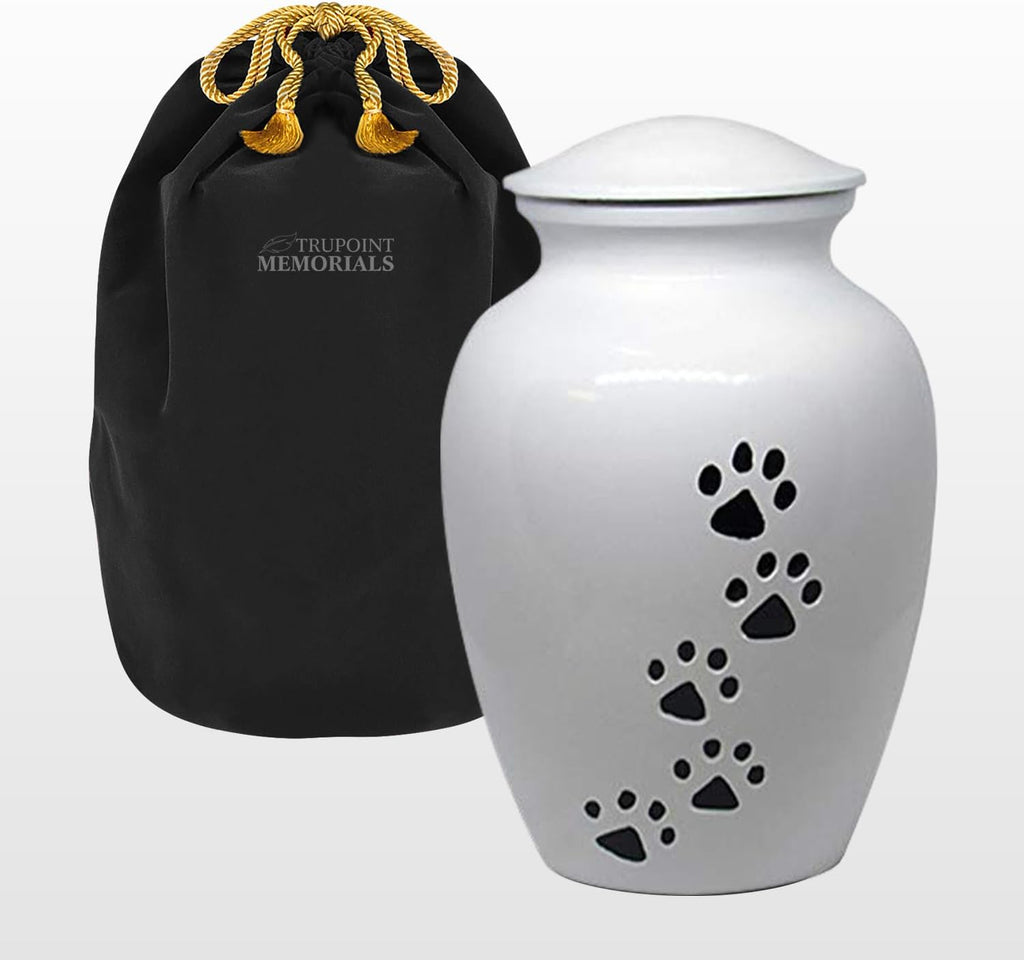 Trupoint Memorials small pet urn displayed on a wooden memorial shelf