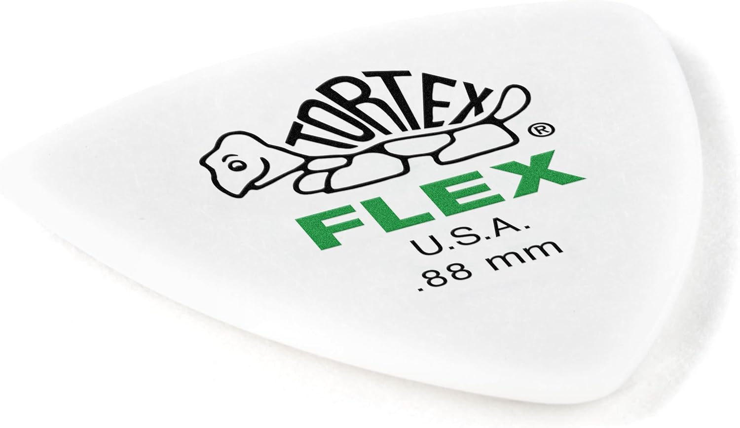 Close up shot of the point eighty eight millimeter textured gripping surface on a Dunlop plectrum.