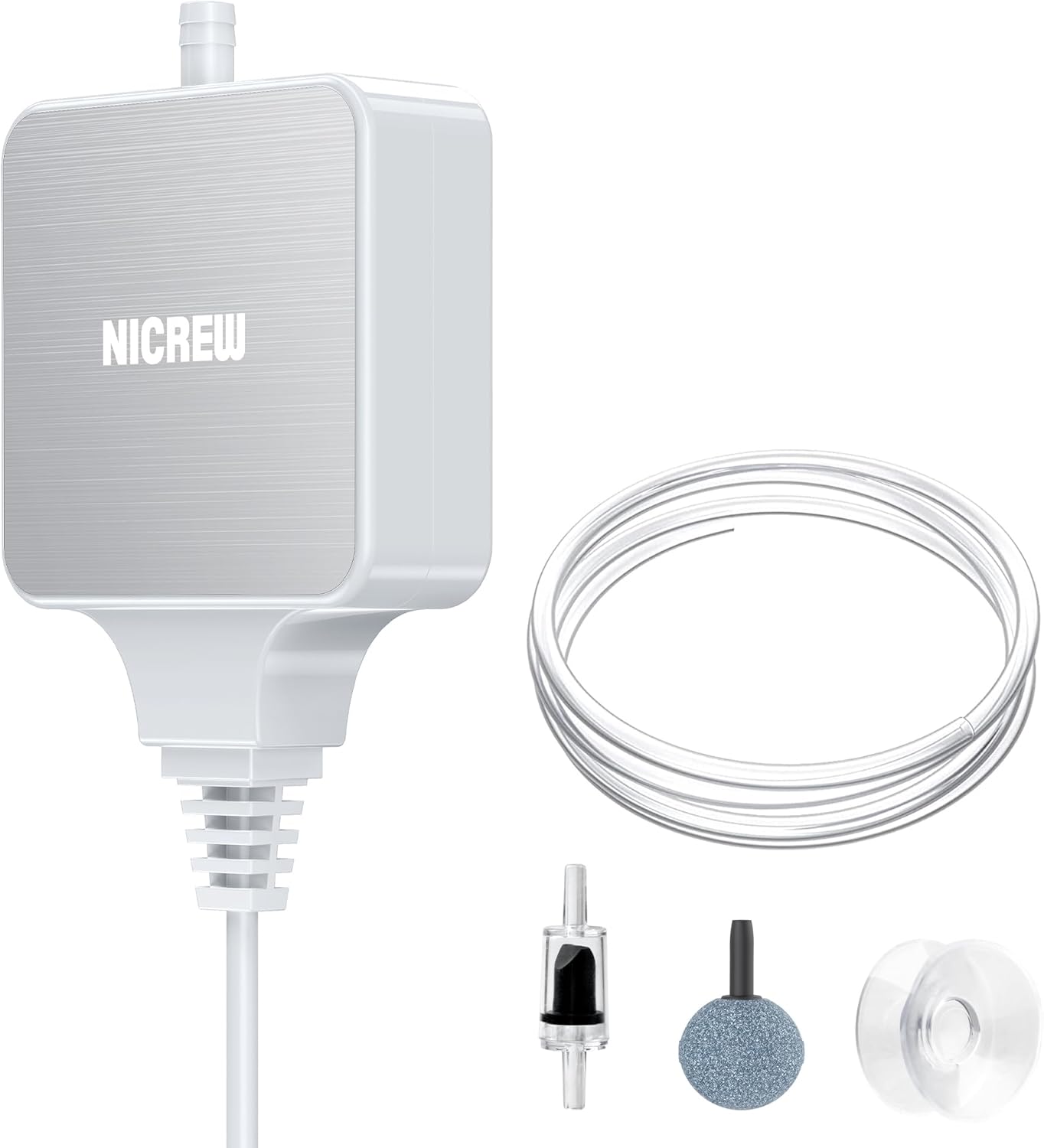 Components of Nicrew nano silent air pump kit laid out