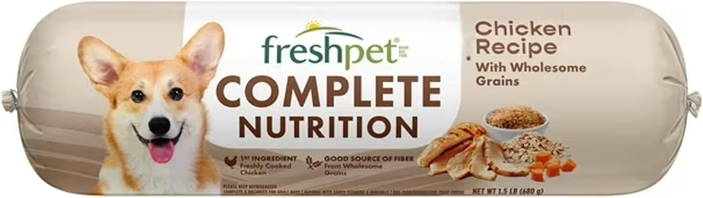 Sliced Freshpet style chicken recipe dog food roll on a plate.