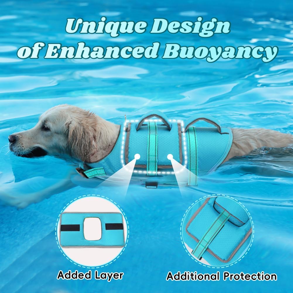 EMUST Large Dog Life Jacket side view highlighting the dual rescue handles and reflective strips.