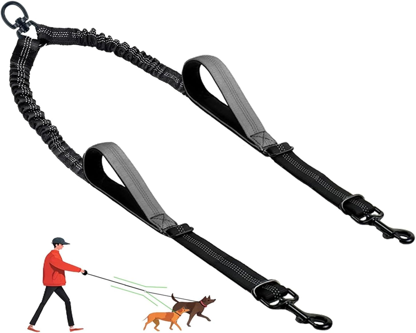 LEOSASA double dog leash front view showing grey no tangle splitter