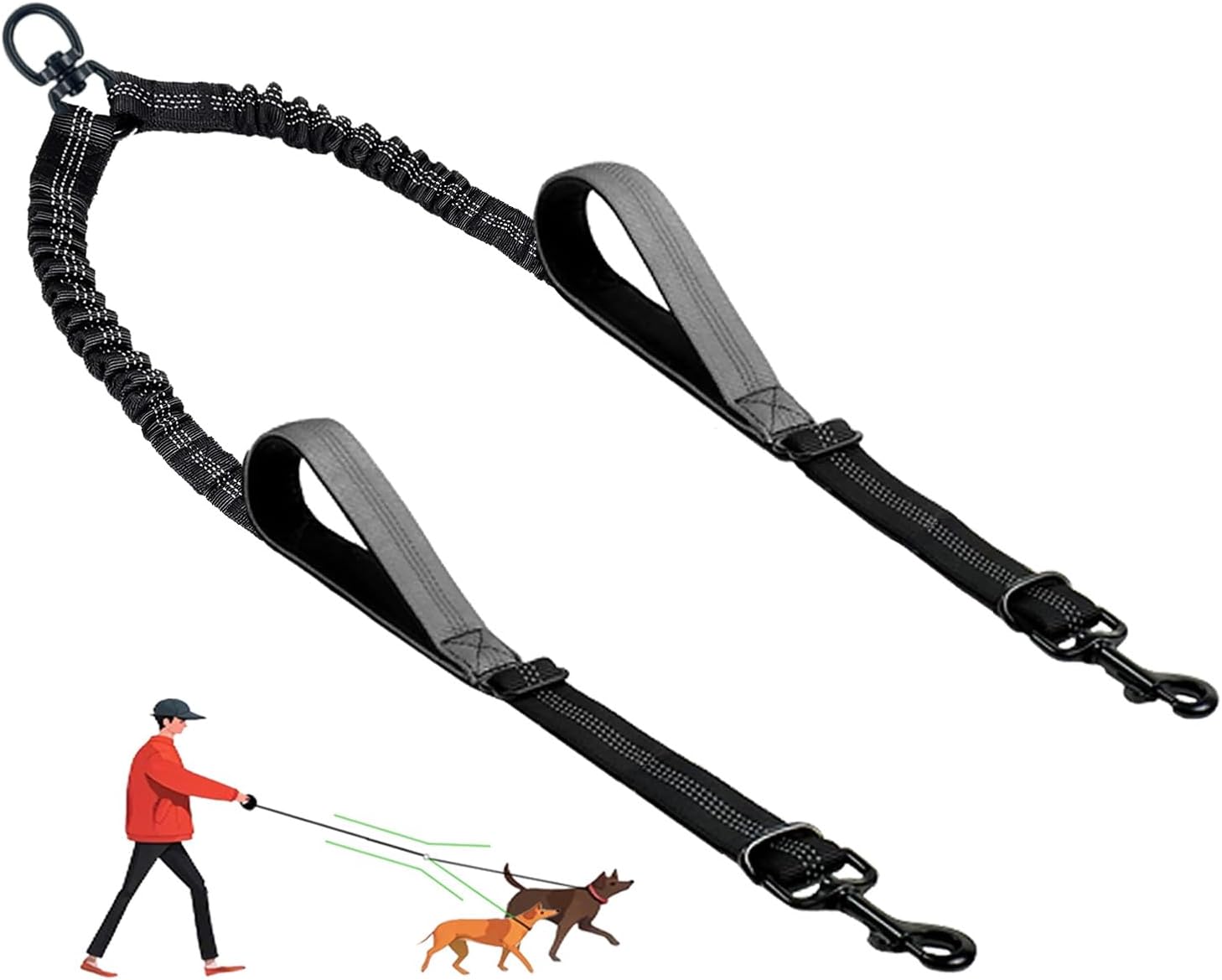 LEOSASA double dog leash front view showing grey no tangle splitter