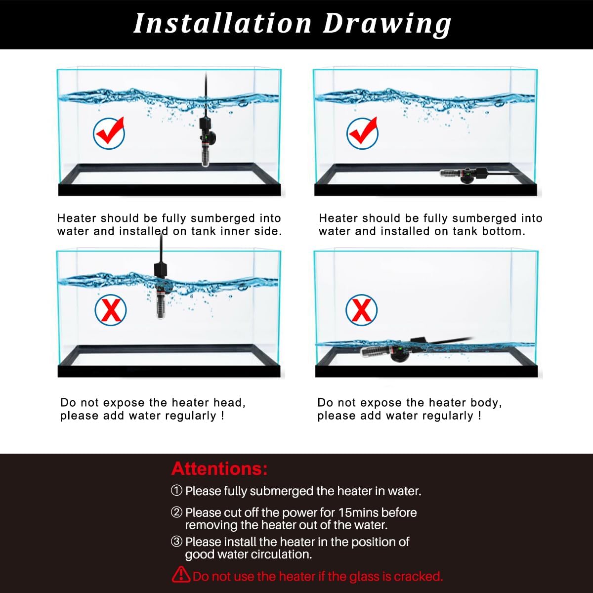 Pulaco submersible heater horizontal placement in small tank