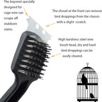 Foiburely pet birdcage cleaning tool highlighting the durable stainless steel scraper removing hardened dry droppings.