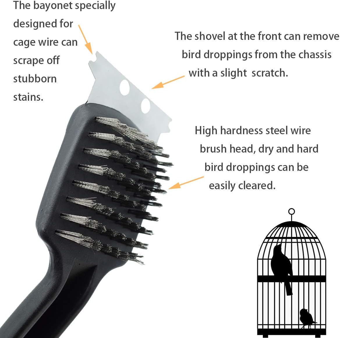 Foiburely pet birdcage cleaning tool highlighting the durable stainless steel scraper removing hardened dry droppings.