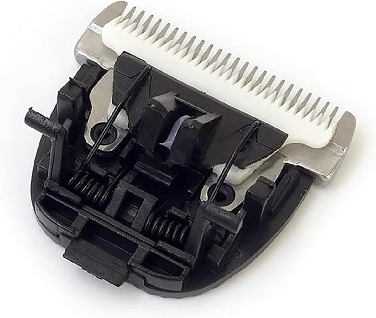Two piece set of black plastic and white ceramic replacement spare parts for dog clippers.