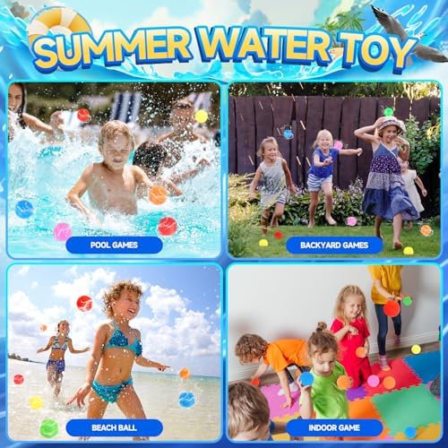 A full set of sixty colorful fabric water balloons spread out next to a durable breathable mesh drawstring storage bag