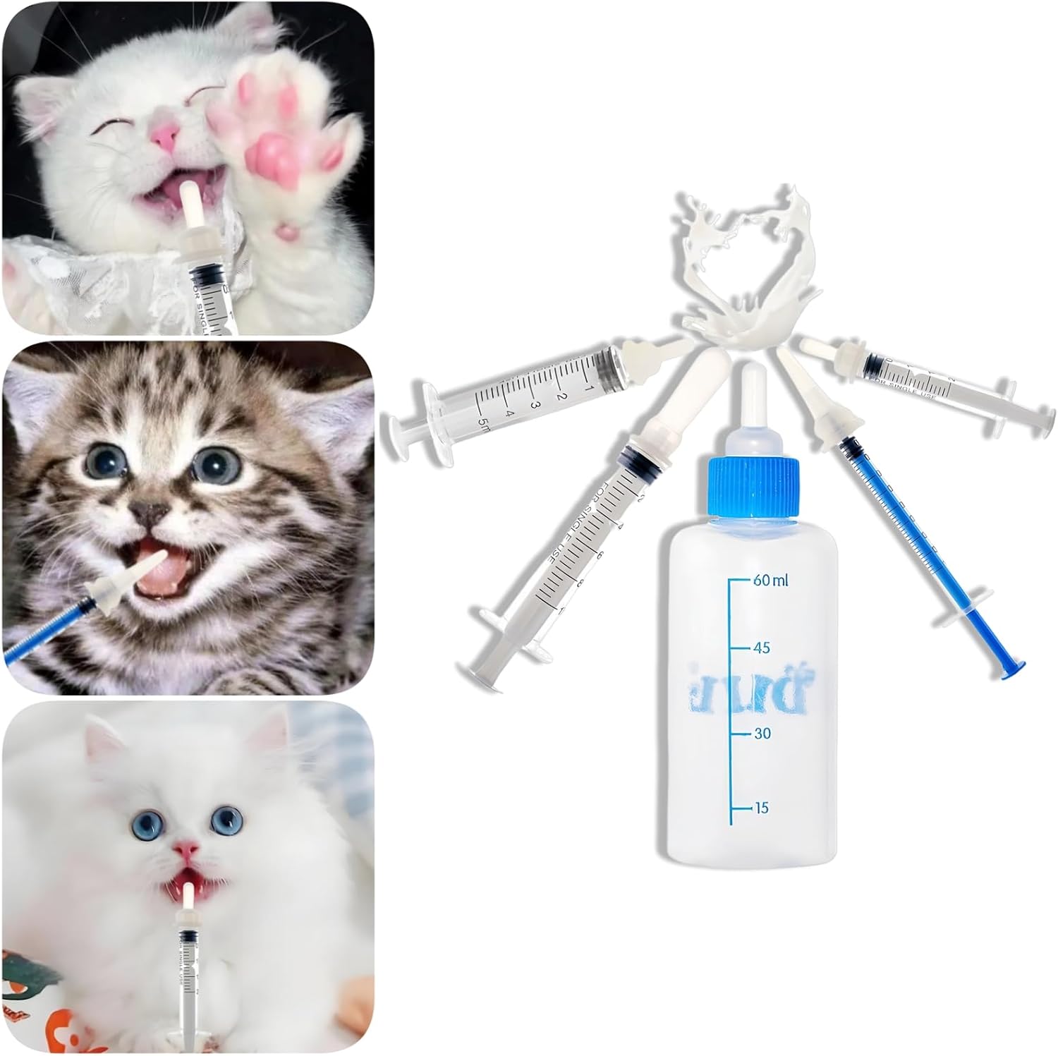 SLWHYZL small animal milk feeder set showcasing the sixty milliliter bottle and interchangeable silicone nursing tips.