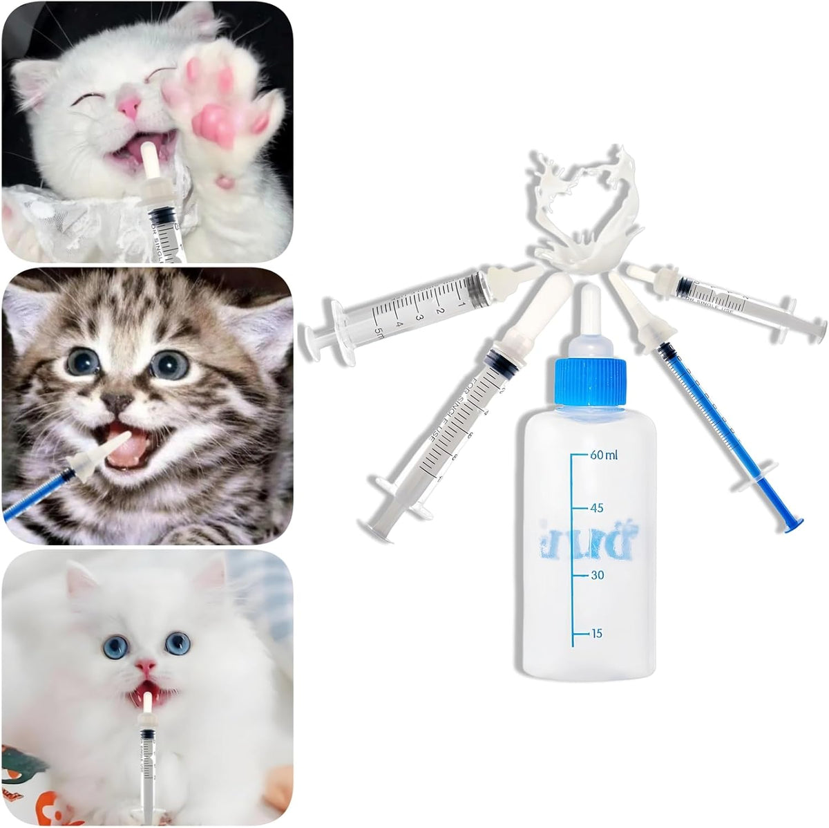 SLWHYZL small animal milk feeder set showcasing the sixty milliliter bottle and interchangeable silicone nursing tips.