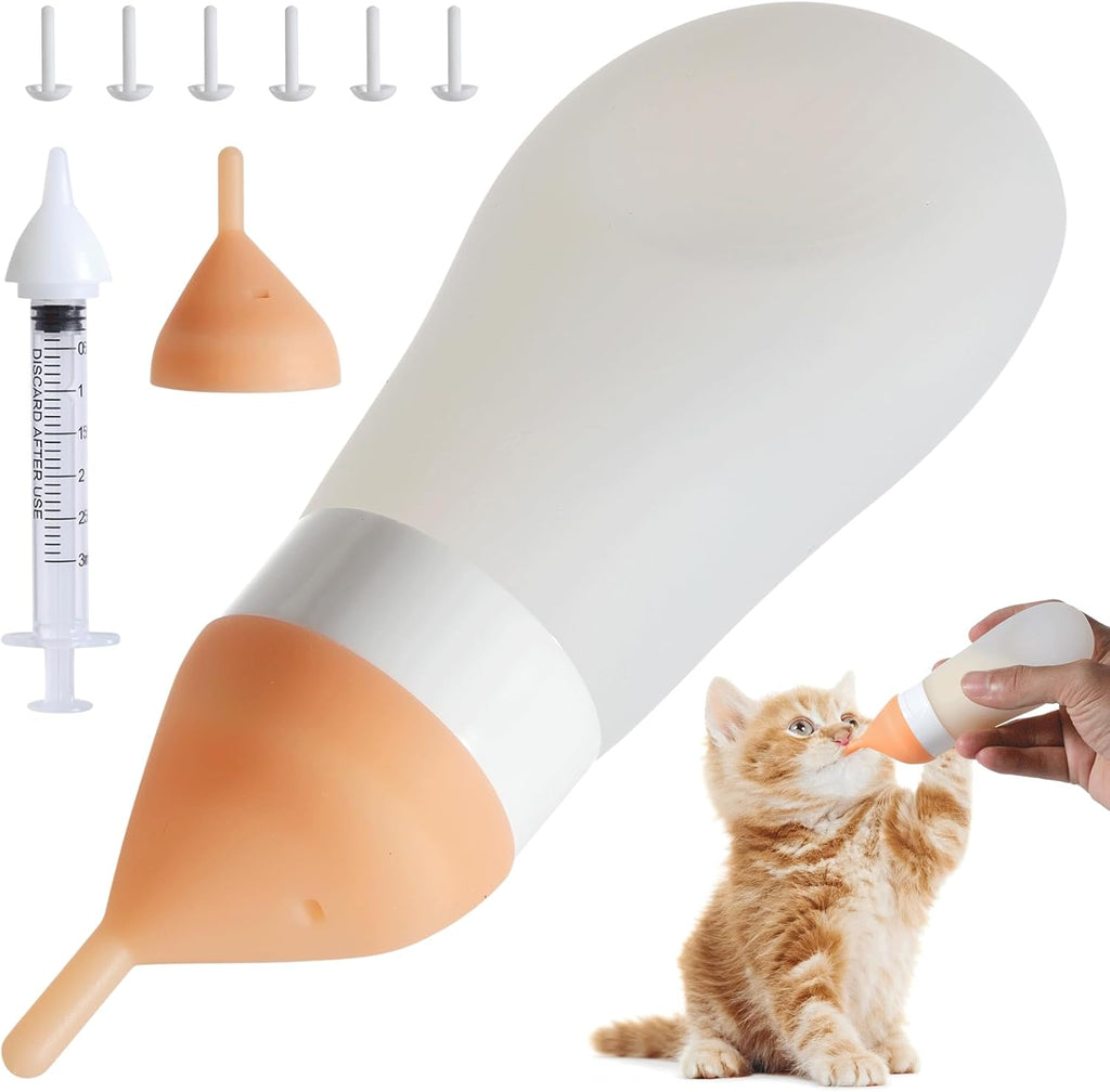 Elevonix Silicone Kitten and Puppy Feeding Bottle Kit front view showcasing the white squeezable bottle and replacement nipples