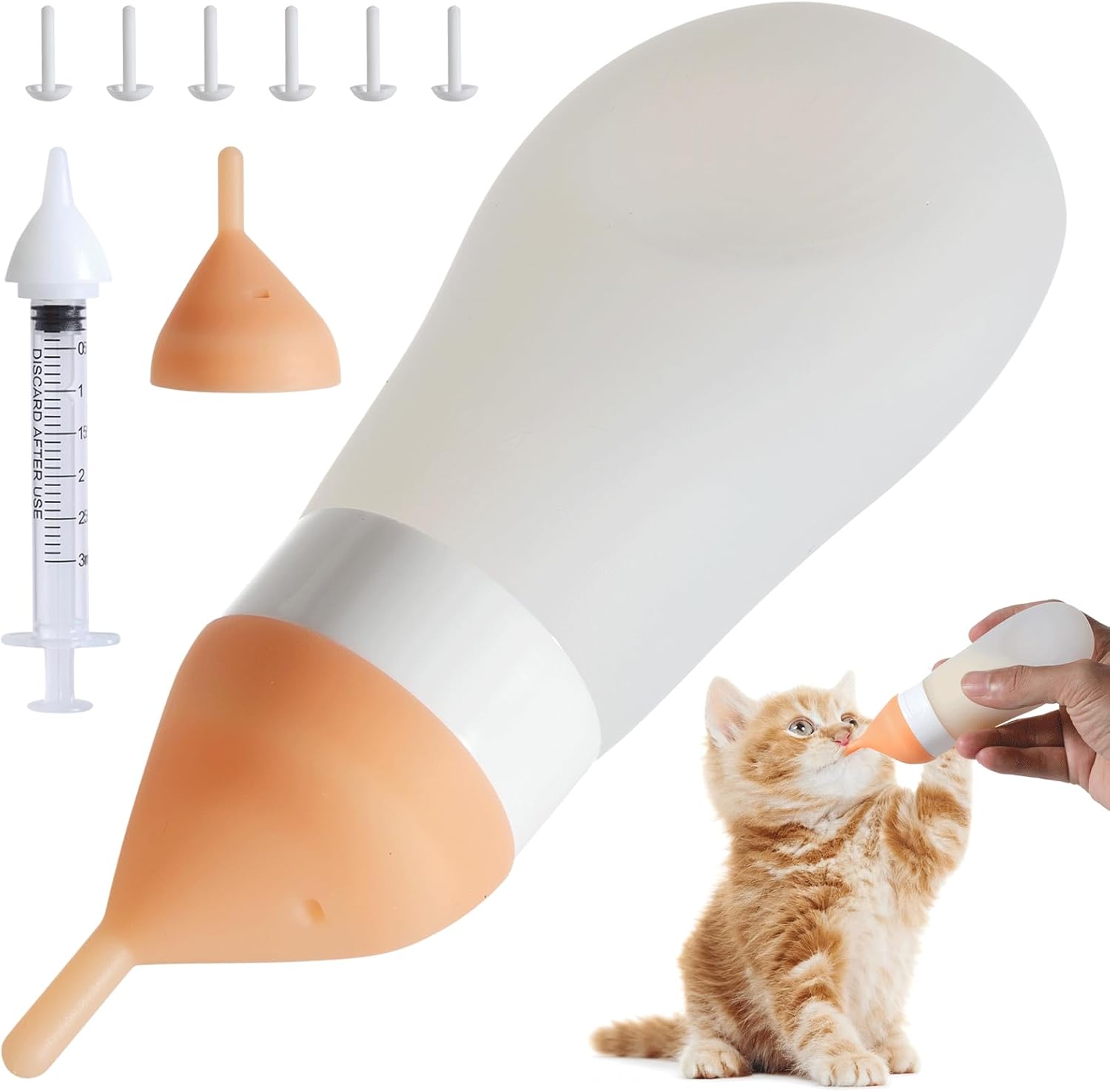 Elevonix Silicone Kitten and Puppy Feeding Bottle Kit front view showcasing the white squeezable bottle and replacement nipples