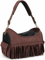 Vintage Western style pet carrier purse in light brown front view