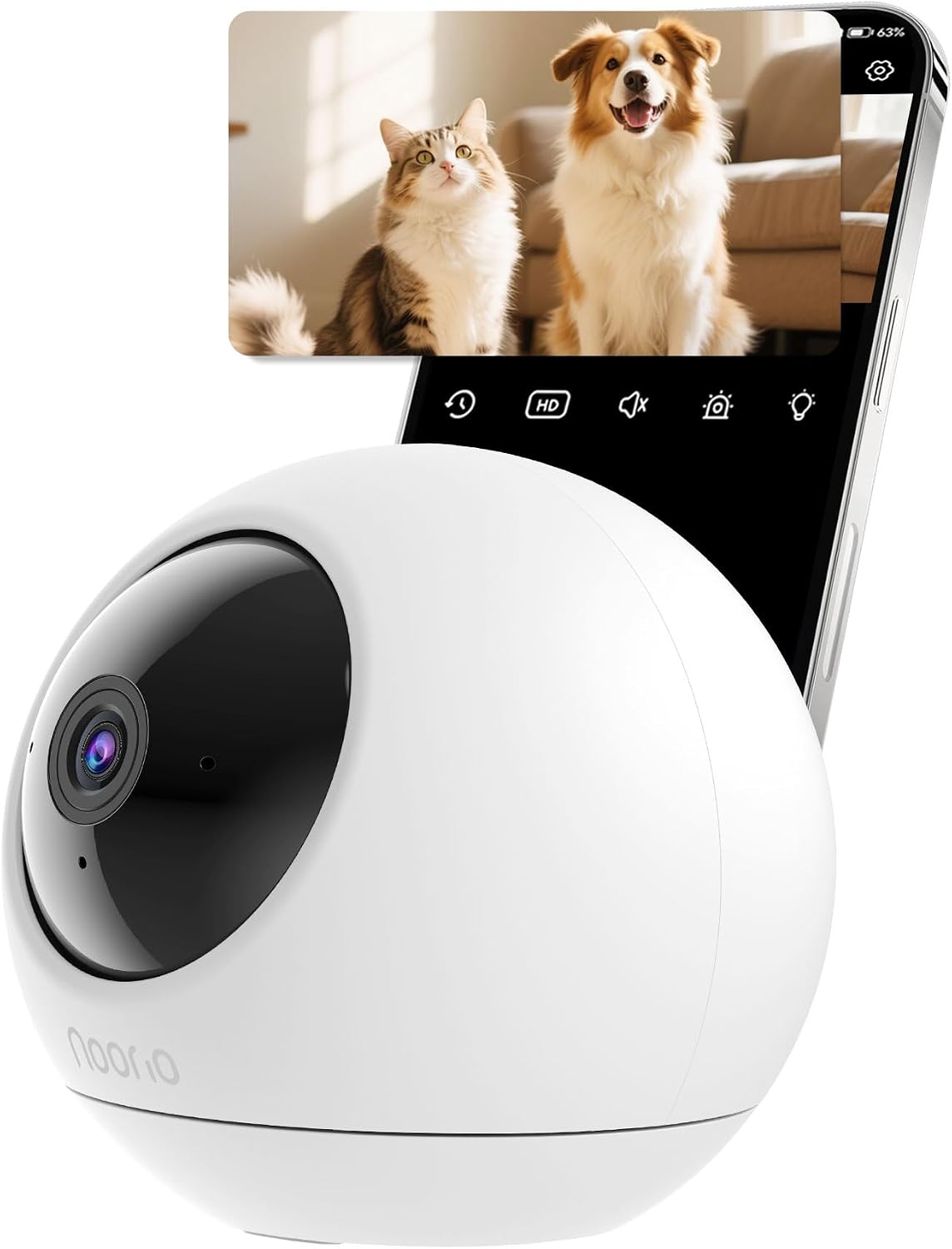 Noorio T110 indoor security camera front view showcasing white spherical design and lens