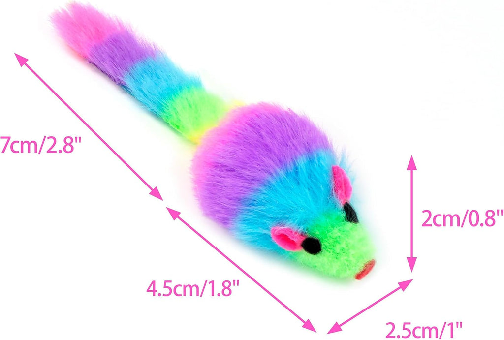 Thirty-six pieces of small rainbow mouse toys for indoor cats.