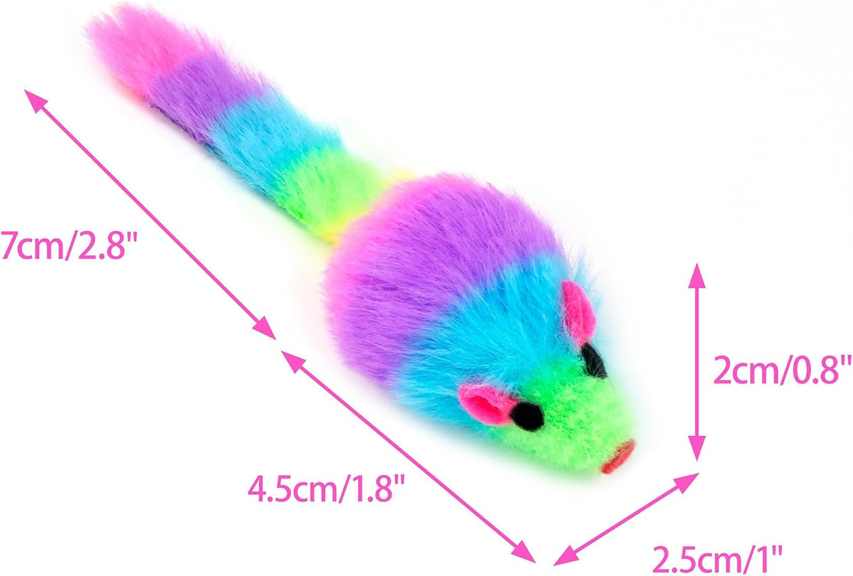 Thirty-six pieces of small rainbow mouse toys for indoor cats.