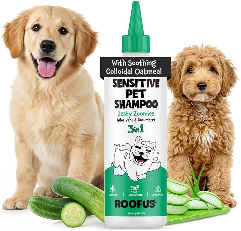 Roofus The Dog Zesty Zoomies shampoo and conditioner front view bottle for dog grooming