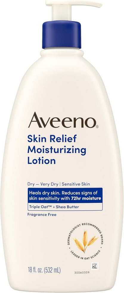 Aveeno Skin Relief Moisturizing Lotion Heals Very Dry, Sensitive Skin, Fast-Absorbing Body Lotion with Soothing Triple Oat & Shea Butter Formula, Fragrance Free, Non-Comedogenic, 12 fl. oz - Image 8