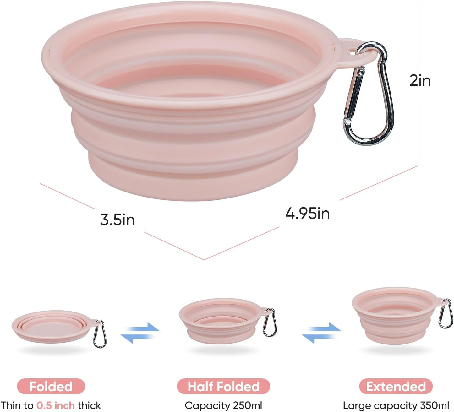 Dual pack collapsible pet food and water bowls expanded on outdoor grass