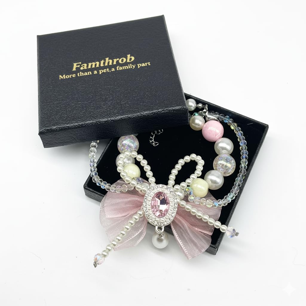 Famthrob decorative cat collar with luxury faux pearls and sparkling rhinestone centerpiece.