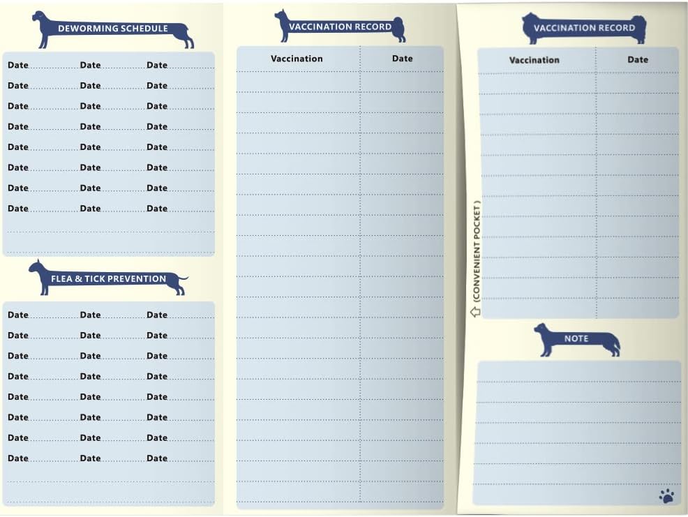 Premium heavyweight cardstock pet immunization logs highlighting the integrated storage pocket for microchip documents.