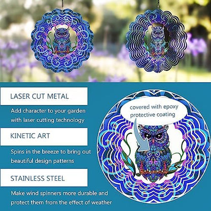 Close up of owl design on metal wind spinner