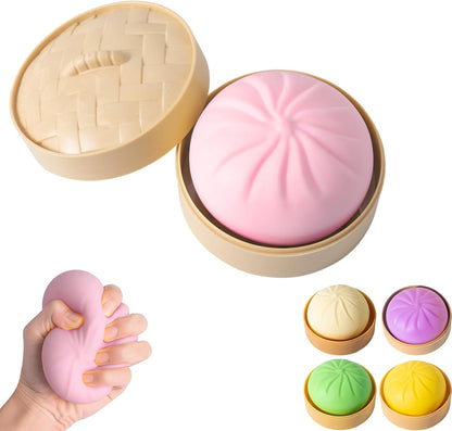 FUYUANLIEV mystery squishy dumpling box pink front view inside its miniature bamboo style steamer basket