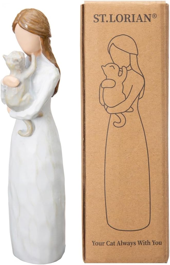 Smooth hand-polished lines of the gray cat angel keepsake showing the affectionate facial positioning
