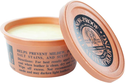Fiebing's leather waterproof cream application on smooth leather boot welts and stitching