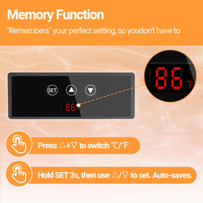 Close up view of the digital thermostat interface on the REPTI ZOO eleven watt reptile heat mat showing temperature adjustments.