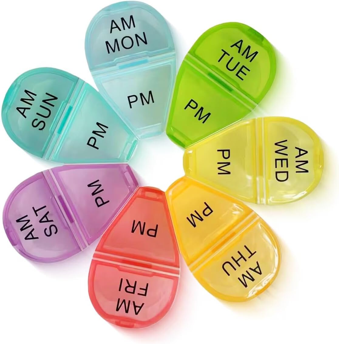 Zhengyuan 7 day AM PM pill organizer front view showcasing the multi-color floral petal design