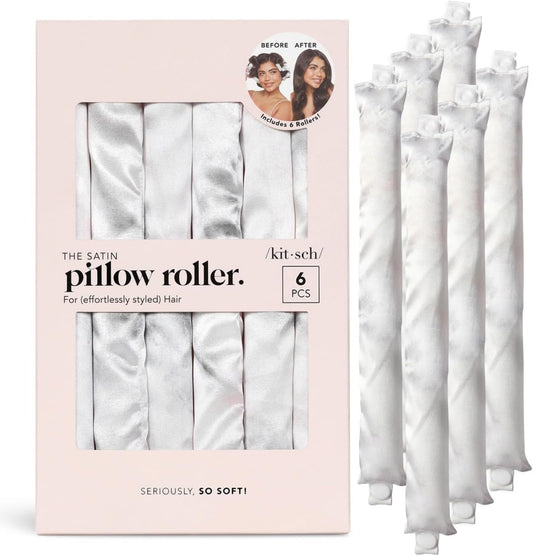 Kitsch Satin Pillow Rollers front view showing the 6-piece marble patterned heatless hair curlers.