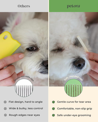 Petora eye comb removing tear stains from a dog face