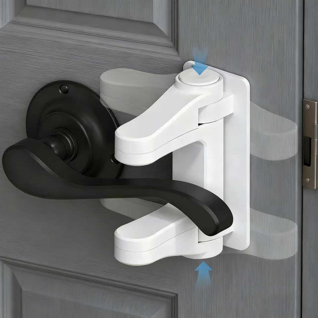 Wappa Baby childproof door lever lock two pack front view installed on a white interior bedroom door handle.