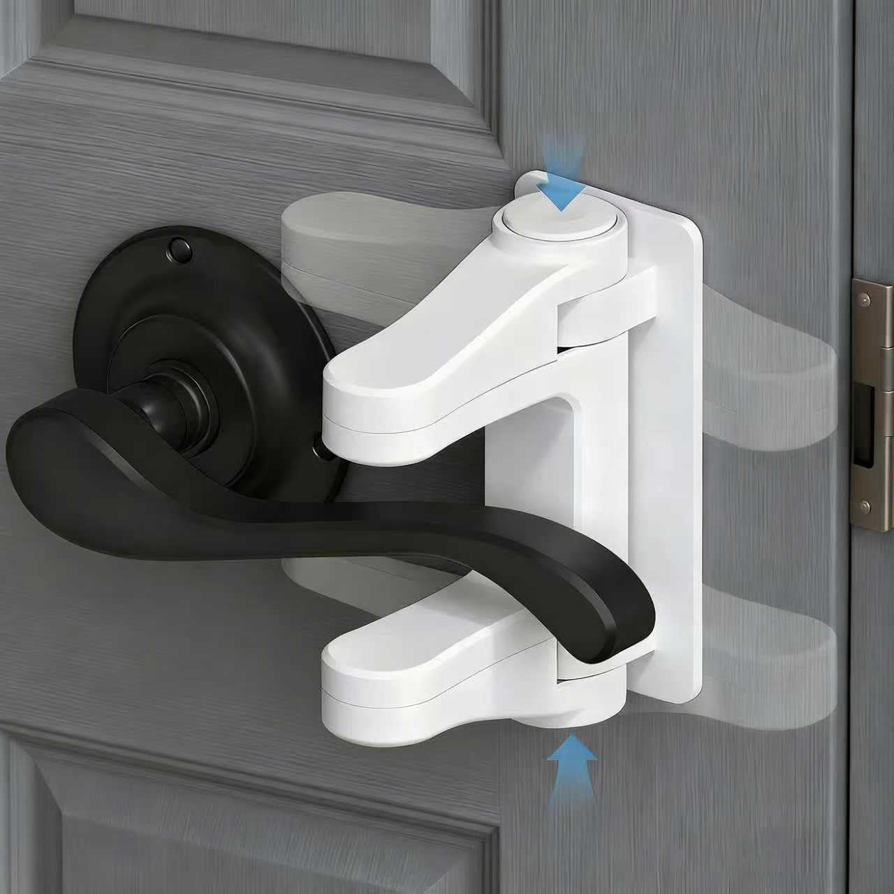 Wappa Baby childproof door lever lock two pack front view installed on a white interior bedroom door handle.