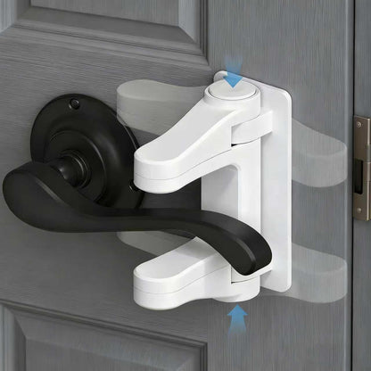 Wappa Baby childproof door lever lock two pack front view installed on a white interior bedroom door handle.