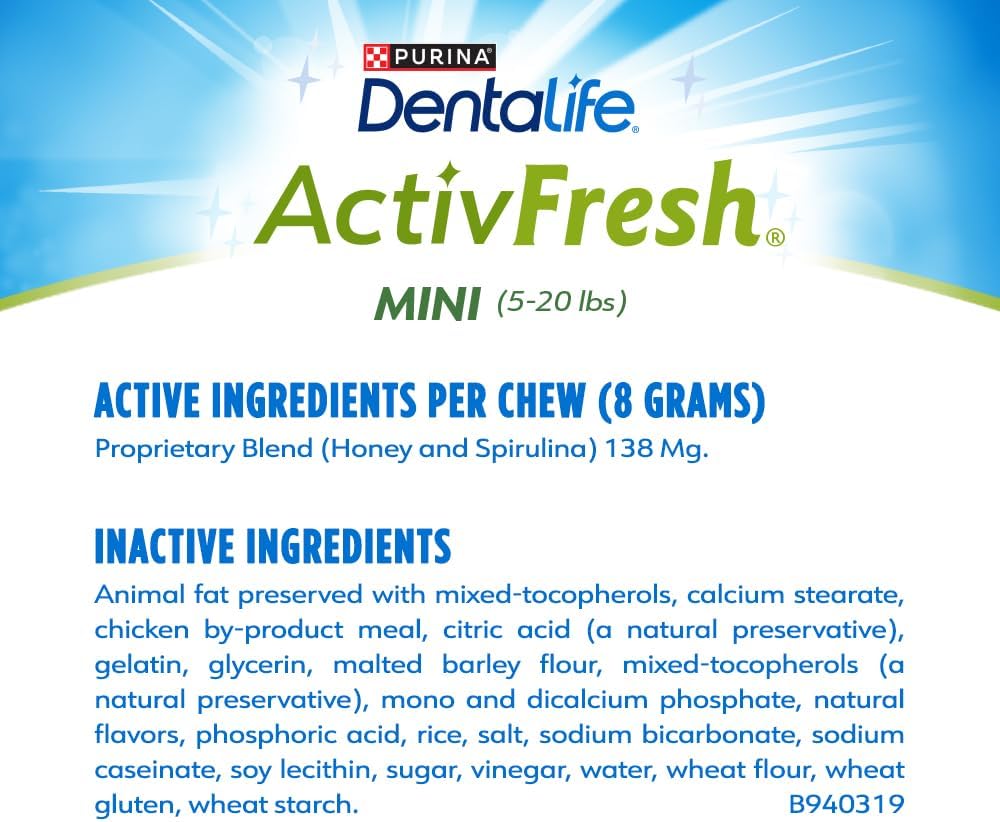 Close-up view of the honey and spirulina infused daily oral care dog chew.