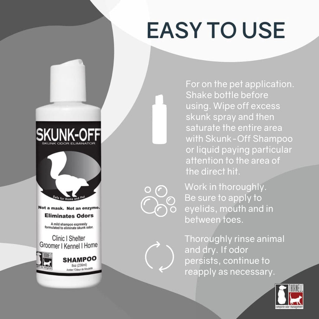 Odorcide Skunk Off Pet Shampoo 8 fluid ounce bottle back label instructions