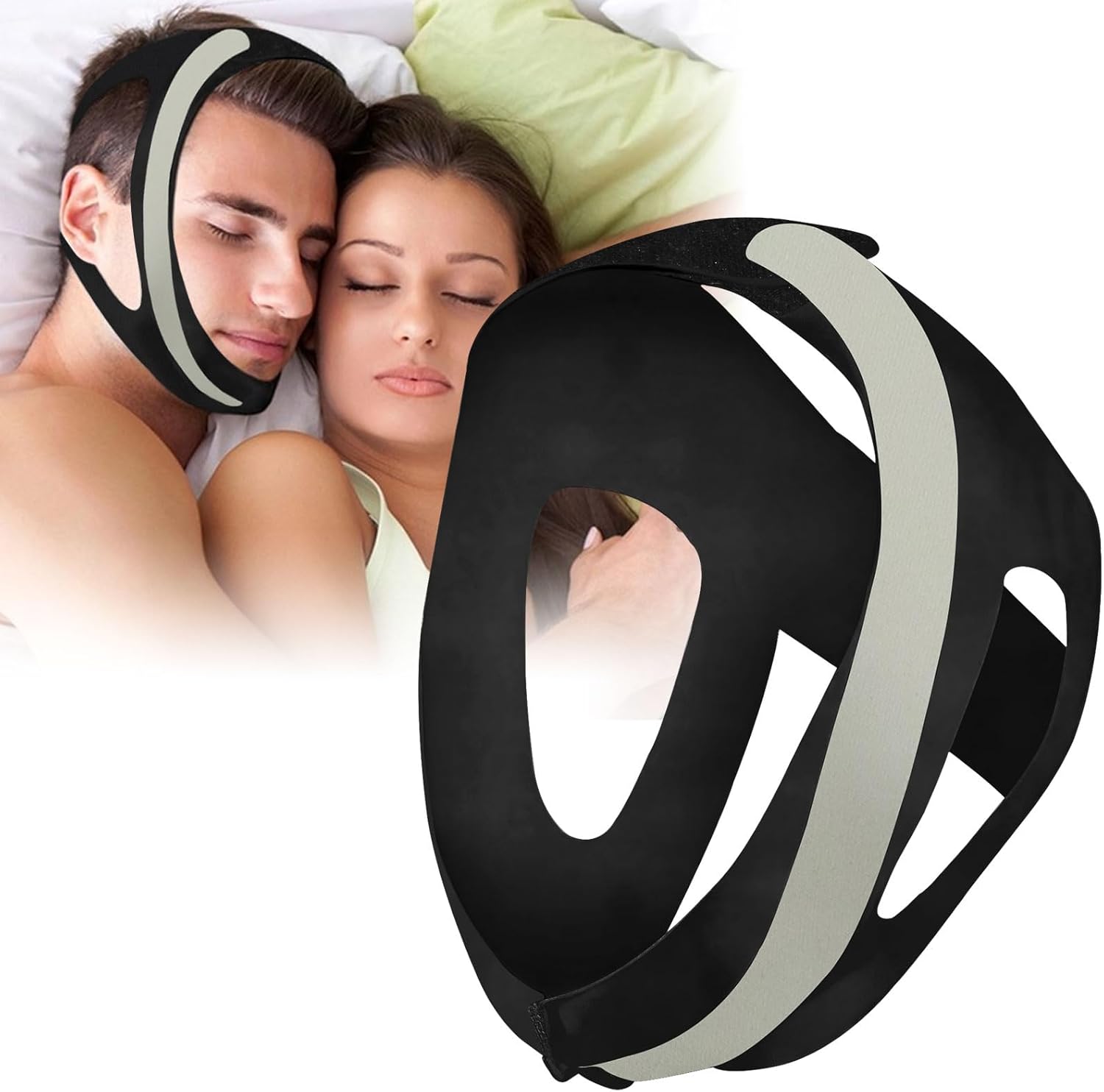 HDSMNGY Anti Snoring Chin Strap front view showing black neoprene material.