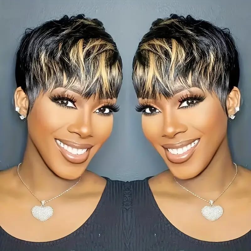 Evasens short pixie cut human hair wig front view showing 1B30 colored bangs