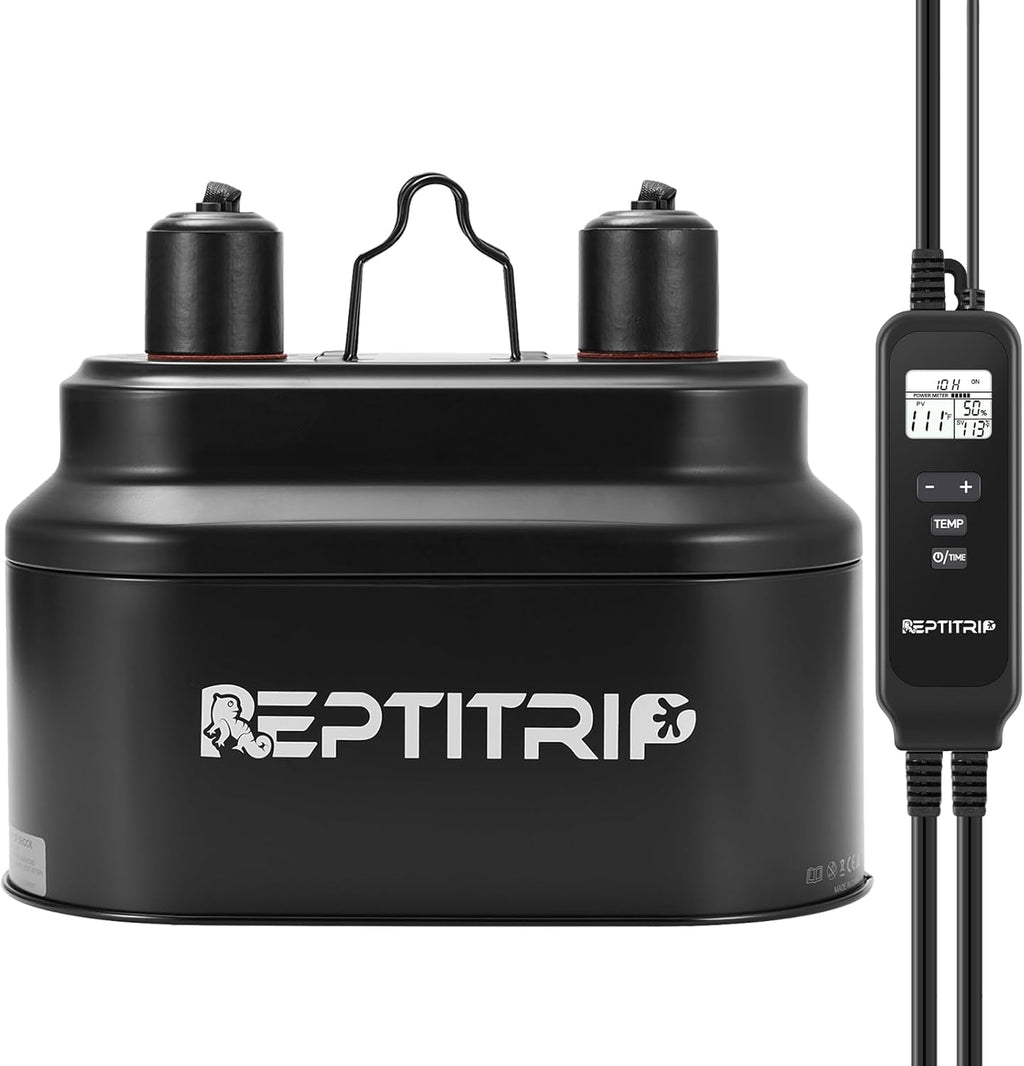 REPTITRIP dual reptile light fixture front view showing dual deep domes and digital controller