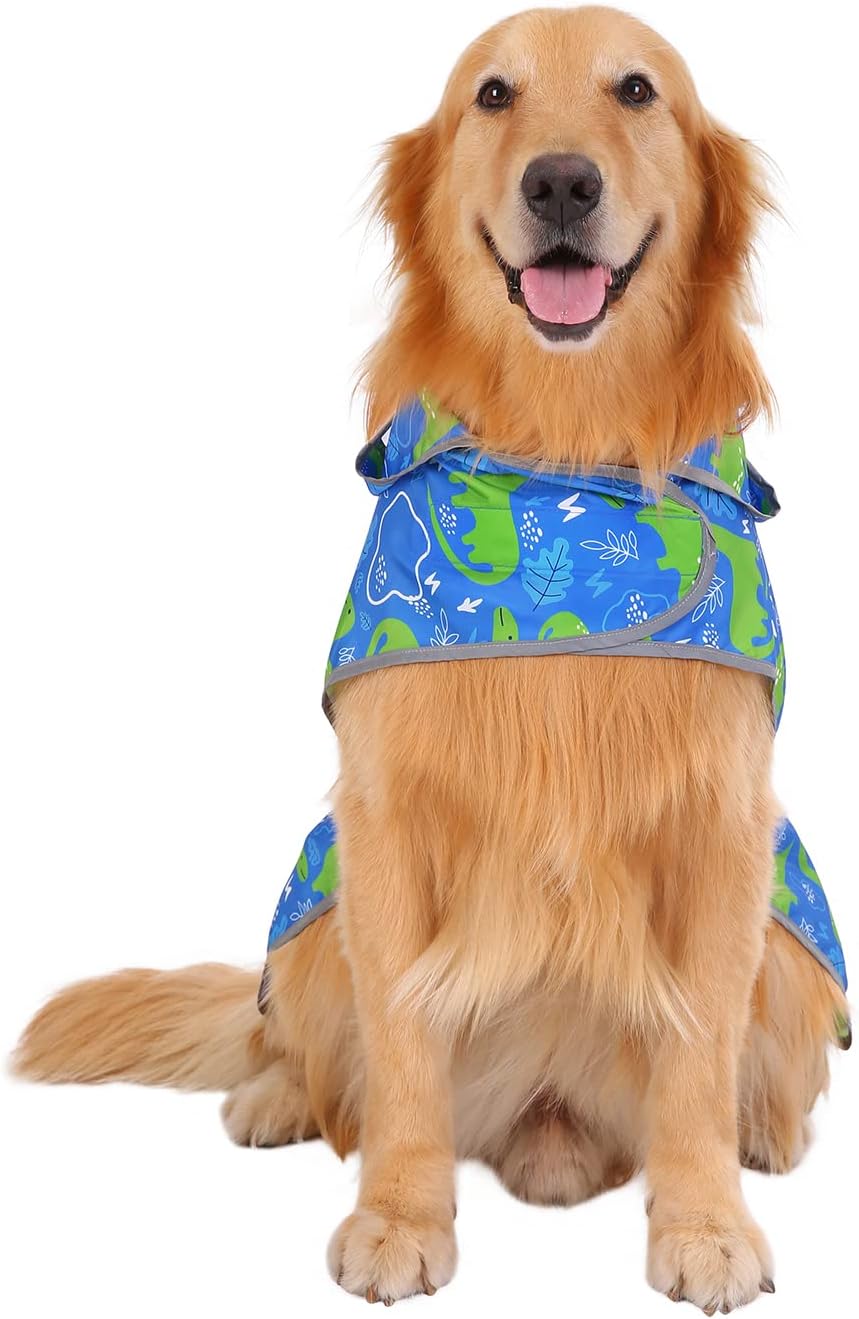 HDE dinosaur print pet jacket side profile highlighting the waterproof polyester fabric.