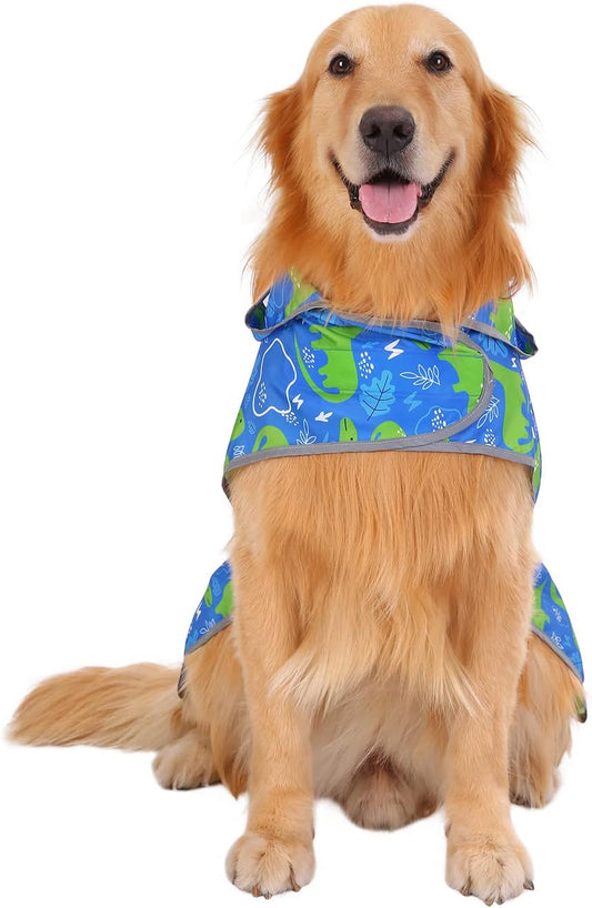 HDE dinosaur print pet jacket side profile highlighting the waterproof polyester fabric.