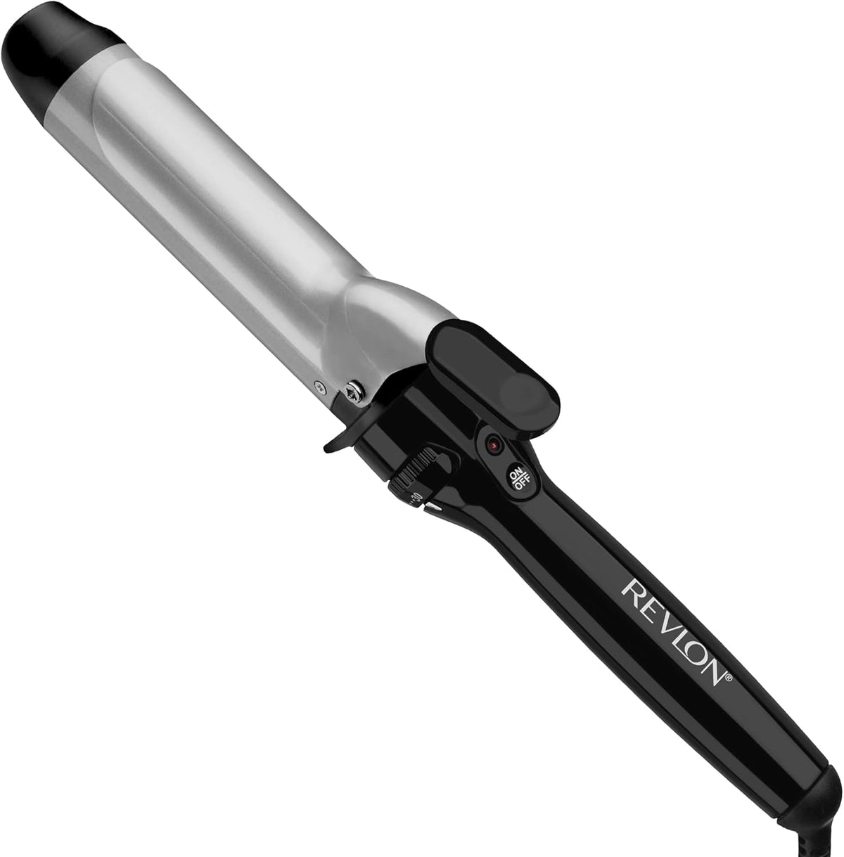 Revlon Perfect Heat Triple Ceramic Curling Iron front view displaying the one and one half inch barrel and clamp design.