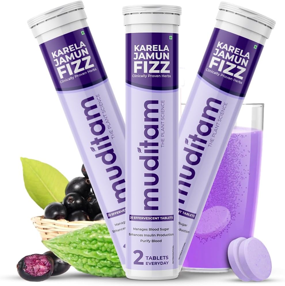 Muditam Ayurveda Karela Jamun Fizz three pack front view sugar management supplements