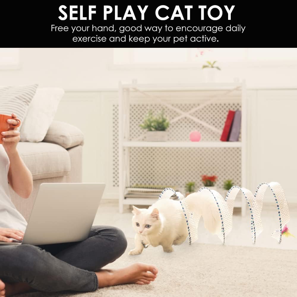 Collapsible blue spring tunnel for indoor cats with feather toy