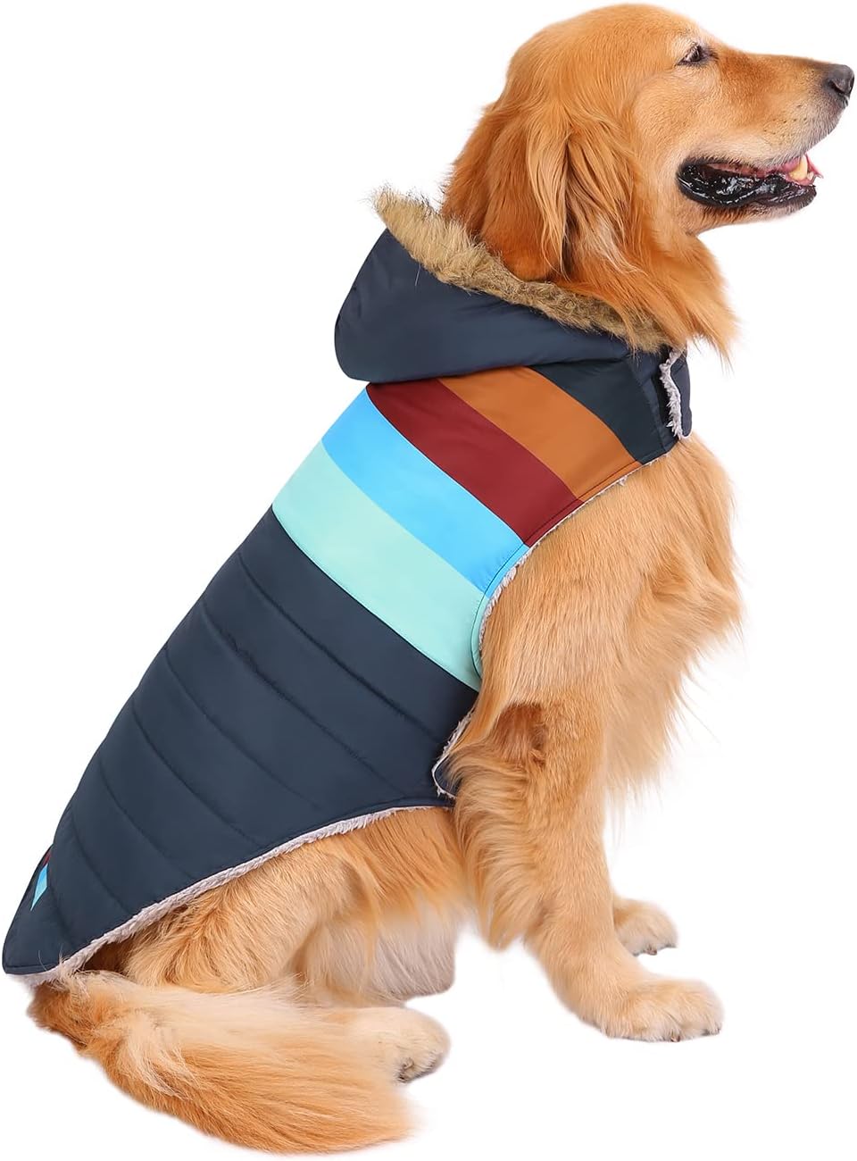 HDE dog puffer jacket navy retro stripe front view