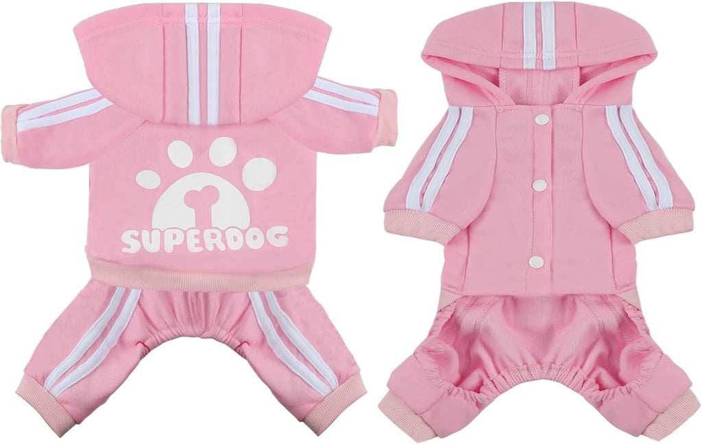 Pink cotton puppy sweatshirt winter coat back view showing superdog paw print graphic
