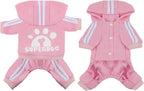 Pink cotton puppy sweatshirt winter coat back view showing superdog paw print graphic